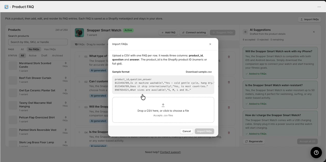 Import FAQs modal showing CSV format requirements and upload area