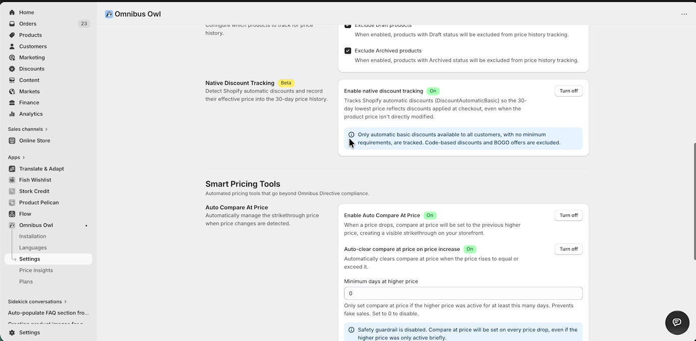 Auto Compare At Price settings with enable toggle, auto-clear option, minimum days at higher price, and guardrail note