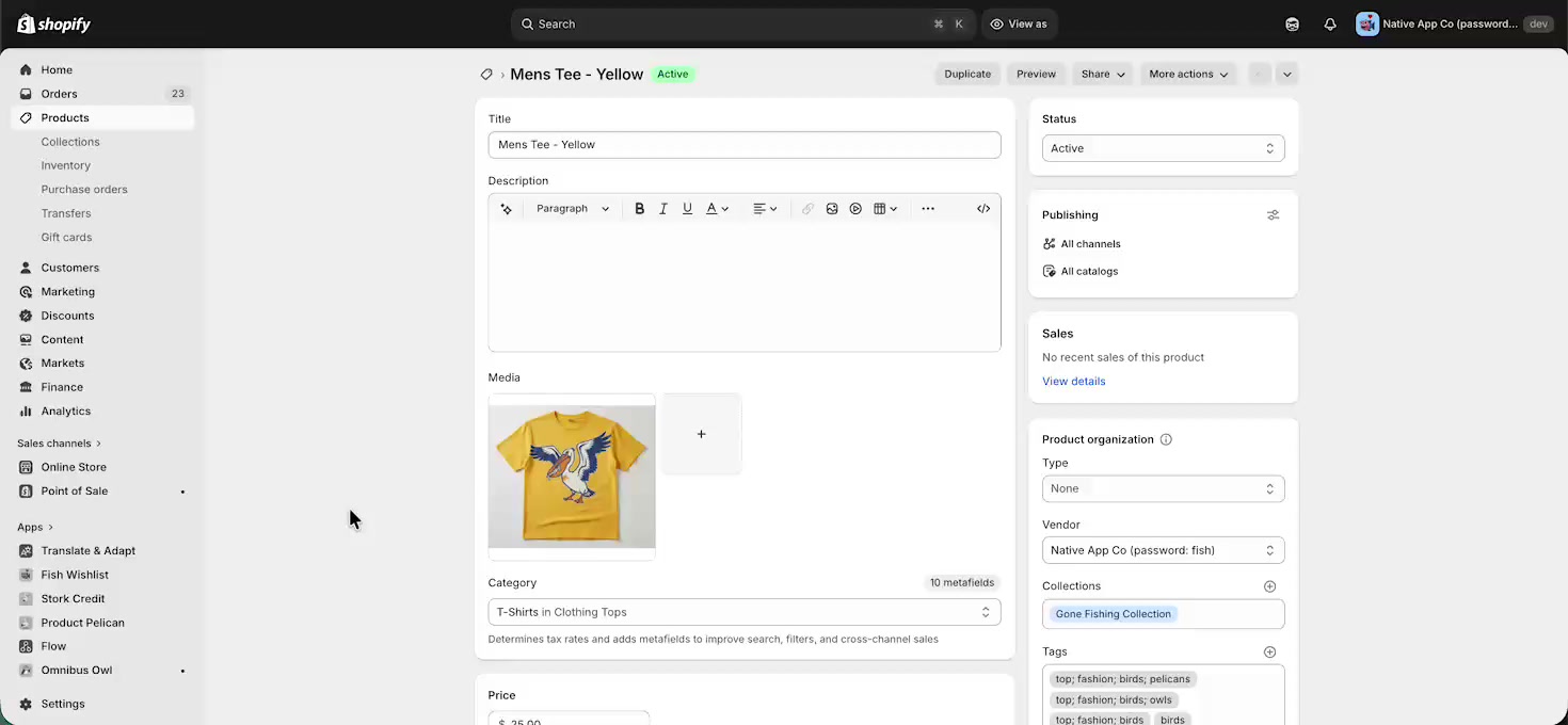Shopify admin product page for Mens Tee - Yellow
