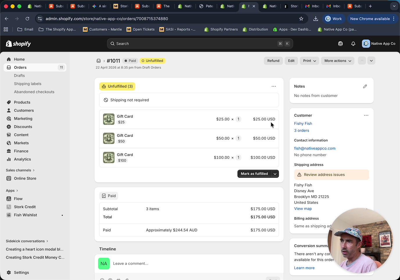Shopify order details showing gift card prices in USD and converted payment amount