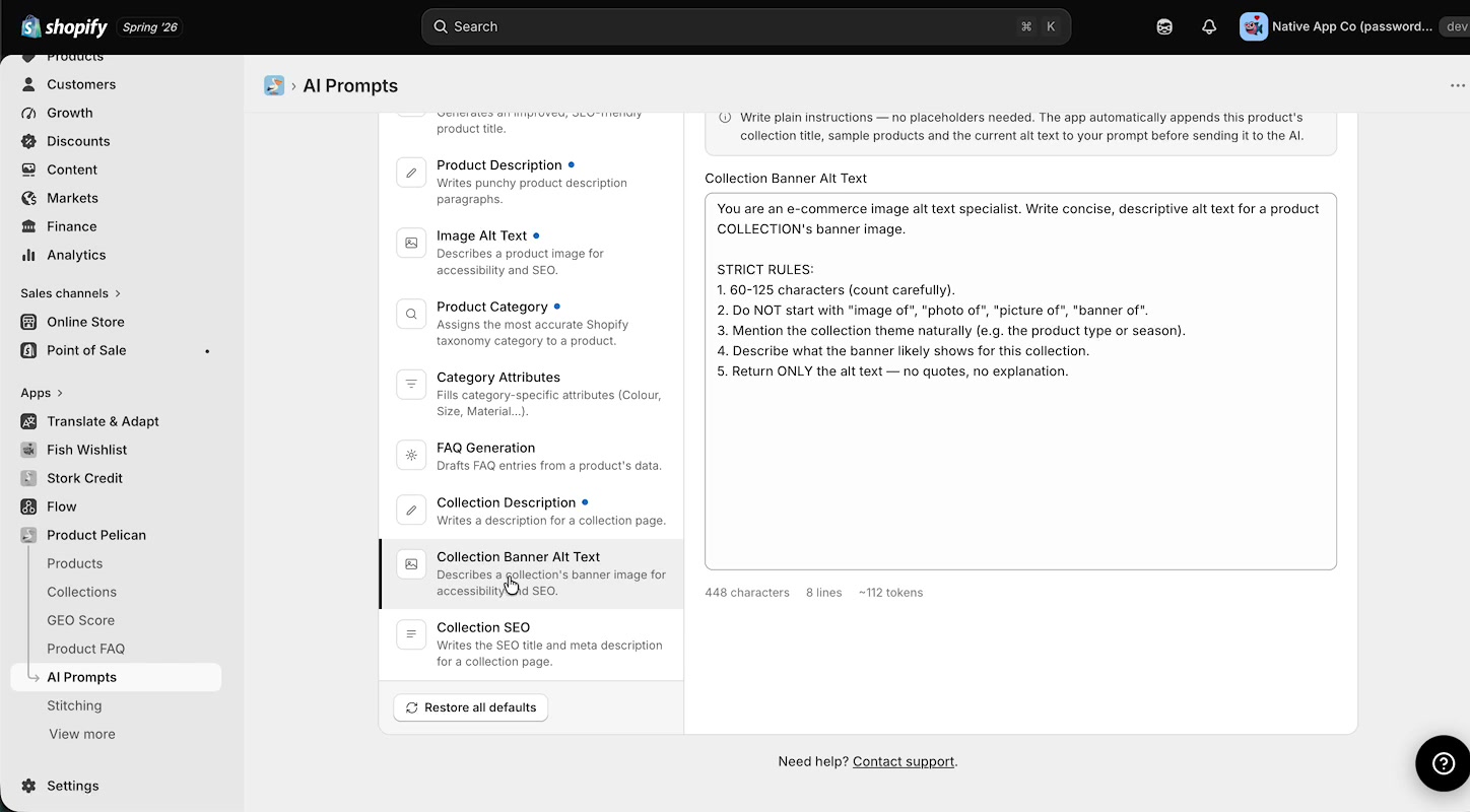 AI Prompts page showing editable Collection Banner Alt Text instructions