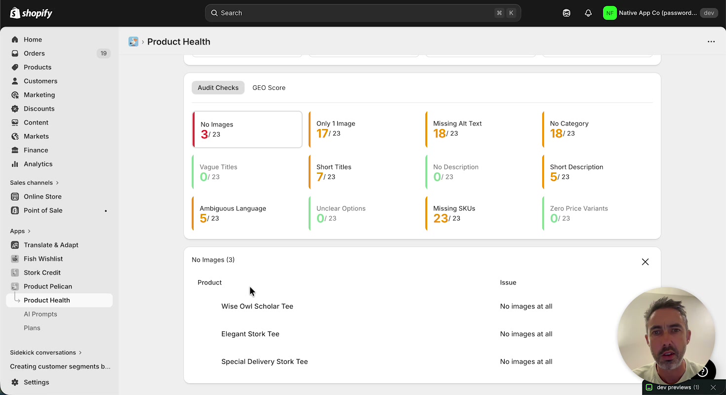 No Images audit list showing products that do not have any product images