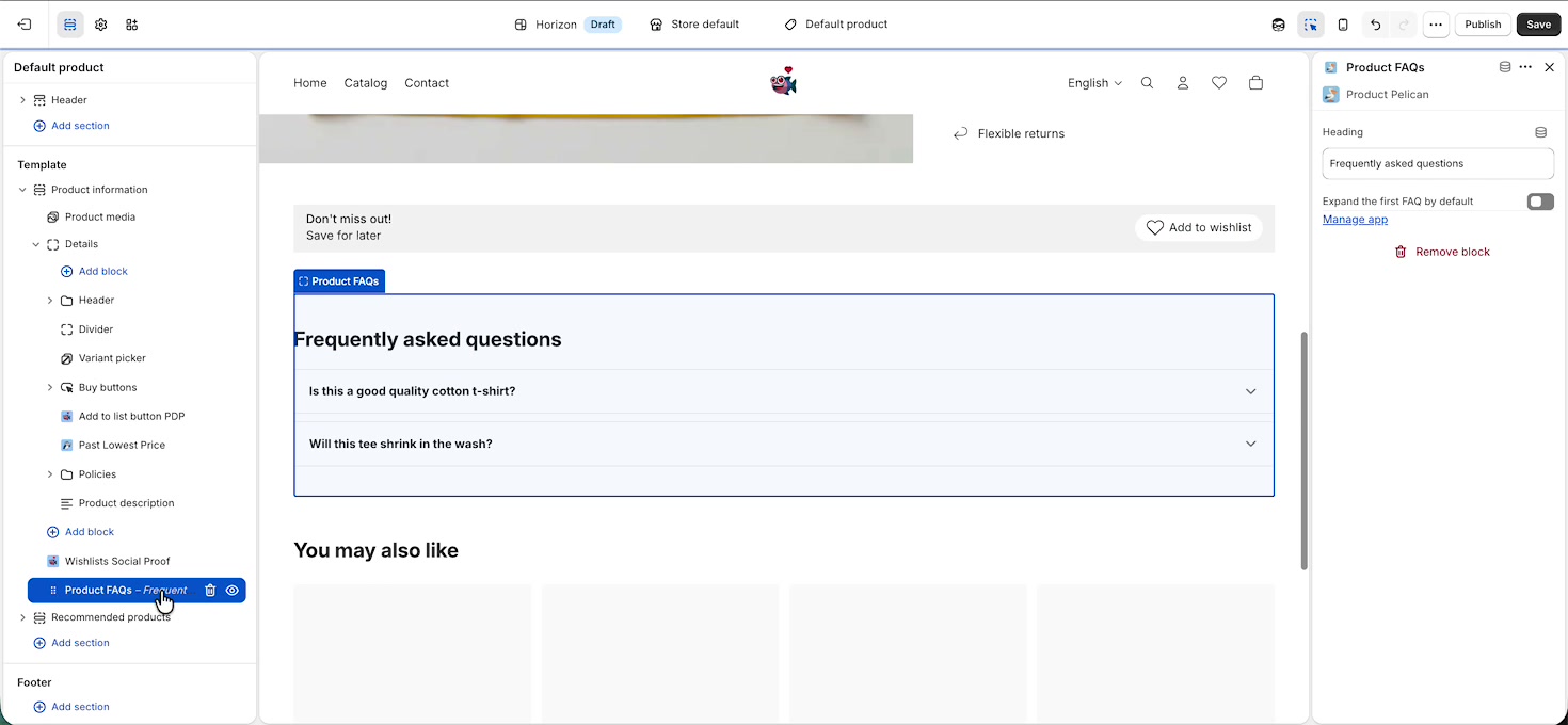 Inserted Product FAQs section on the product page showing the default heading and accordion questions