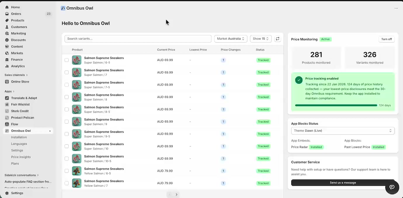 Omnibus Owl dashboard showing tracked products, price monitoring status, app block status, and support panel