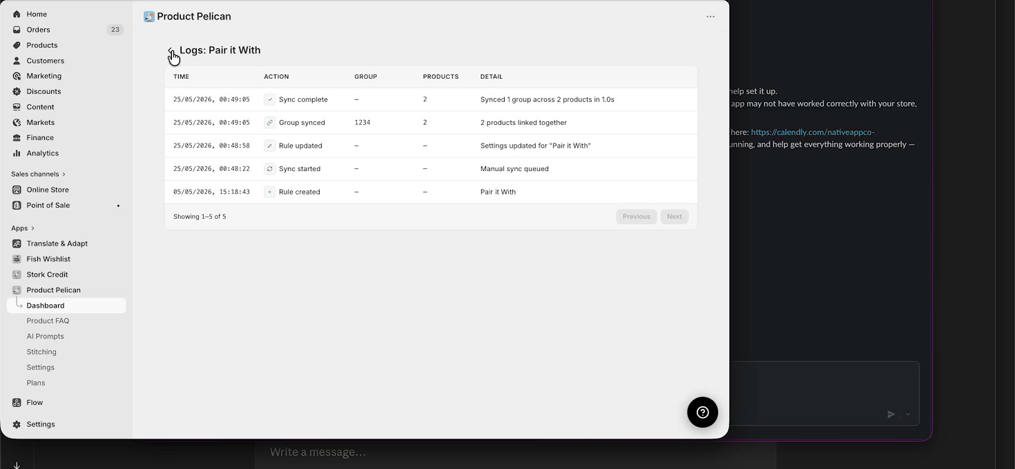 Logs page for a Product Stitching rule showing sync and update events