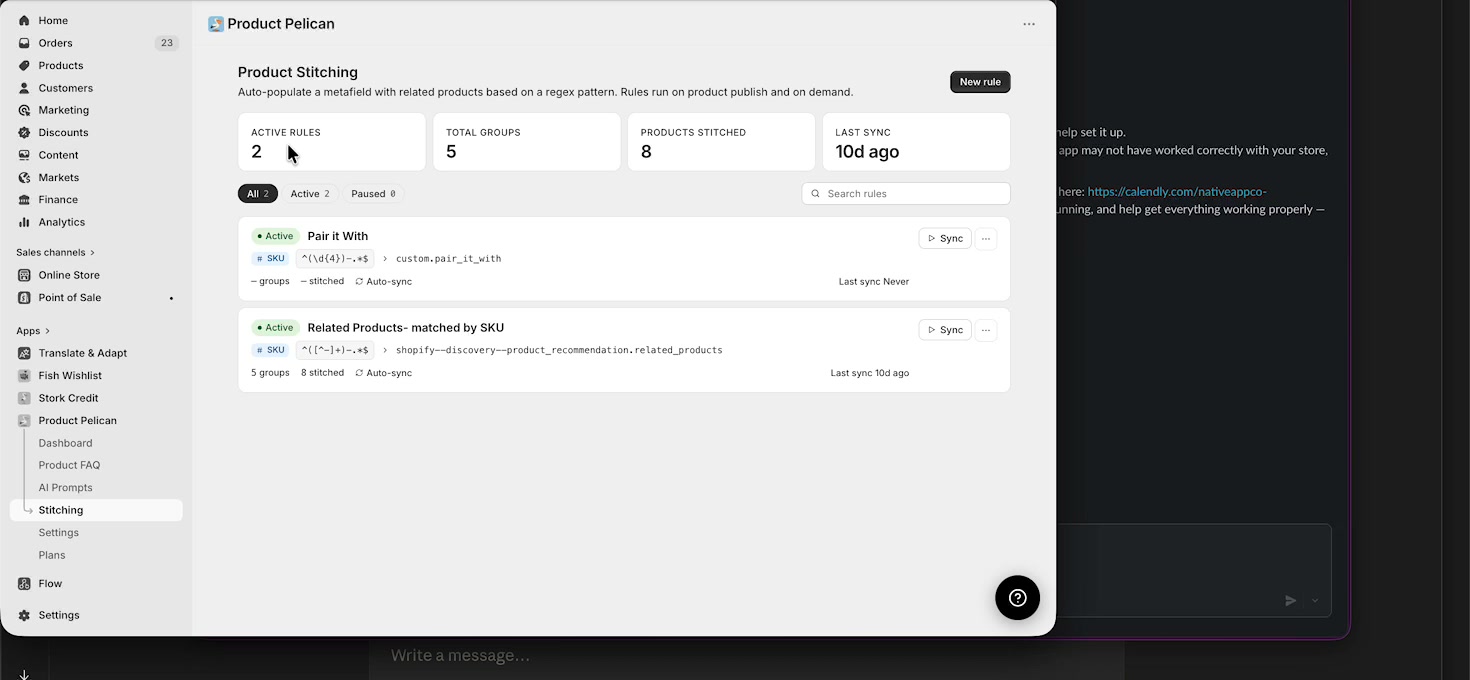 Product Stitching dashboard showing active rules, totals, search, and existing stitching rules