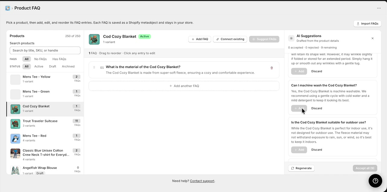 AI Suggestions panel showing generated FAQ recommendations with Add and Discard actions