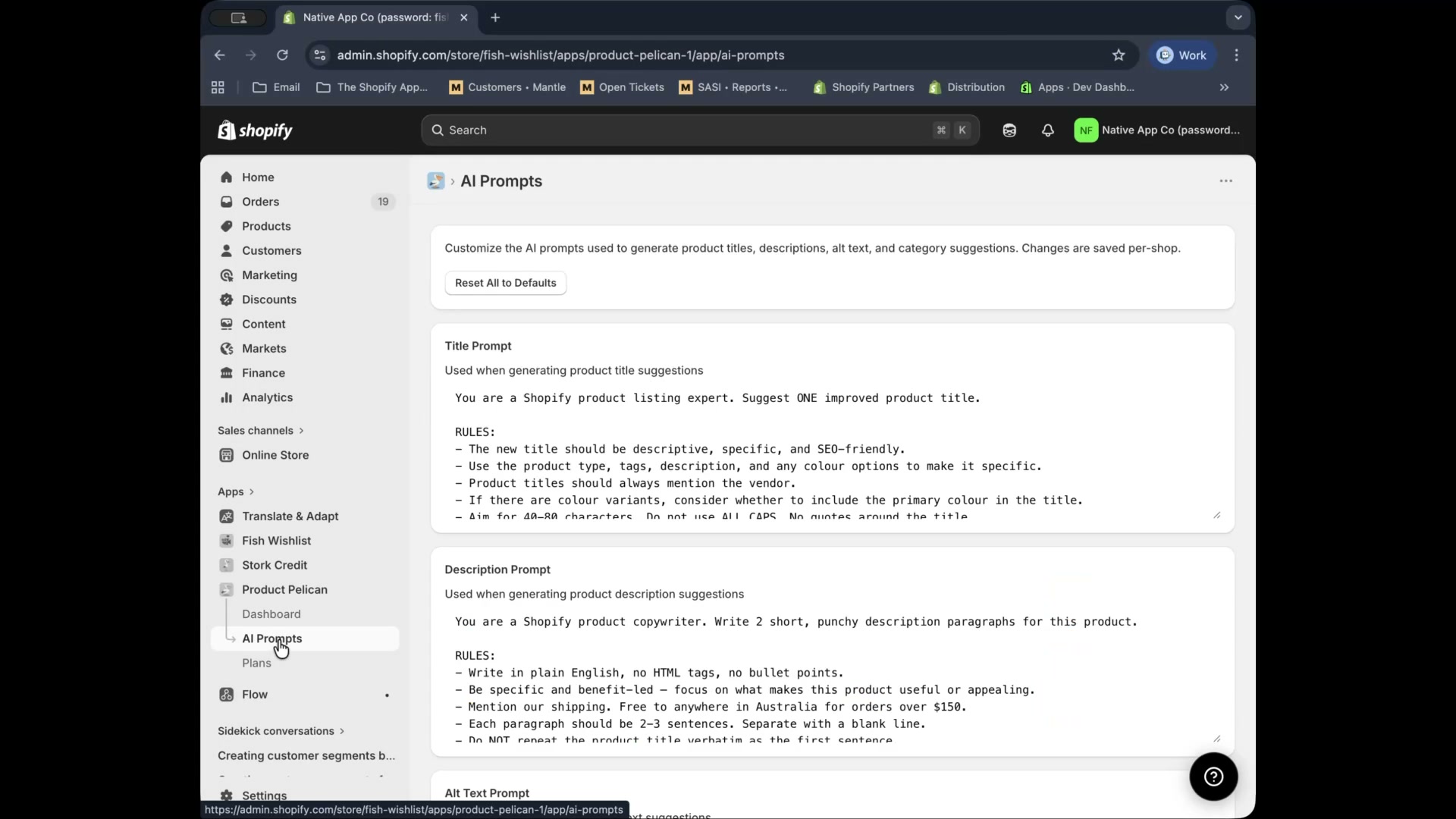 AI Prompts page showing Title Prompt and Description Prompt editors