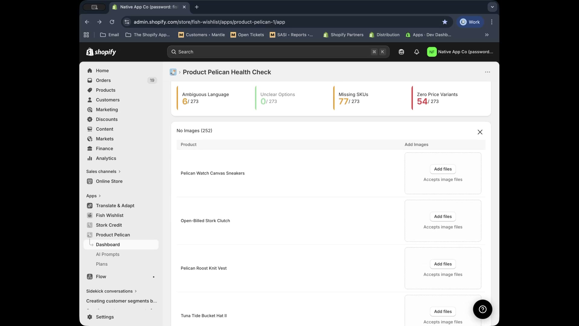 No Images audit panel with Add files upload areas for products missing images