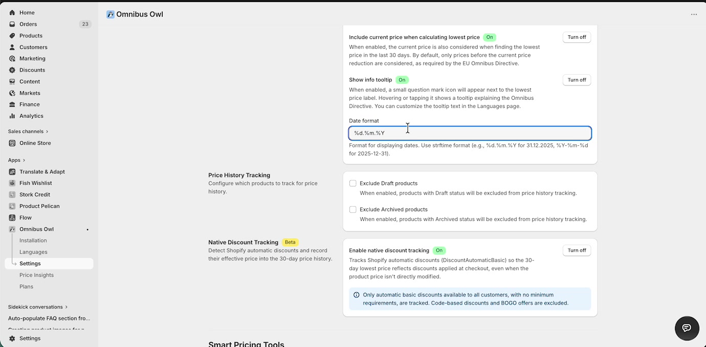 Settings detail showing date format, product exclusion options, and native discount tracking information