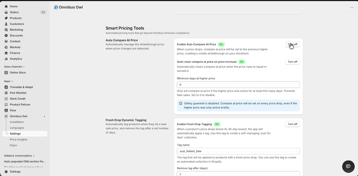 Smart Pricing Tools showing Auto Compare At Price and Fresh Drop Dynamic Tagging together