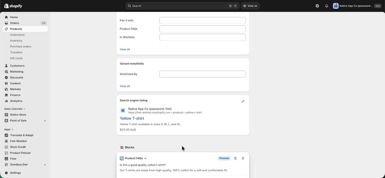 Blocks section in Shopify admin showing the Product FAQs app block