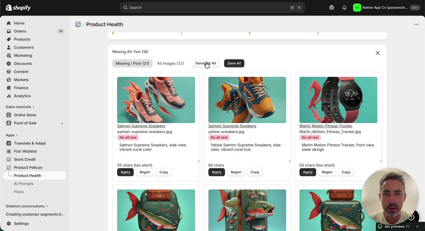 Missing Alt Text workflow showing image cards with generated alt text suggestions and apply buttons