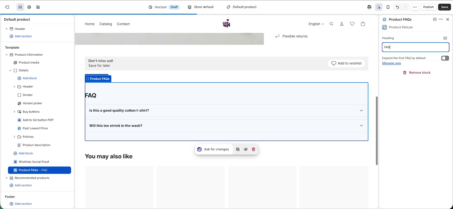 Product FAQs settings panel with the Heading field edited to FAQ