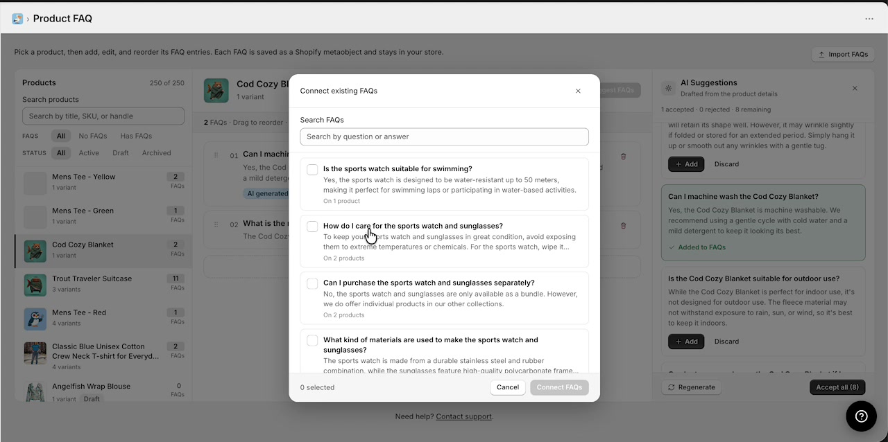 Connect existing FAQs modal showing reusable FAQs from other products