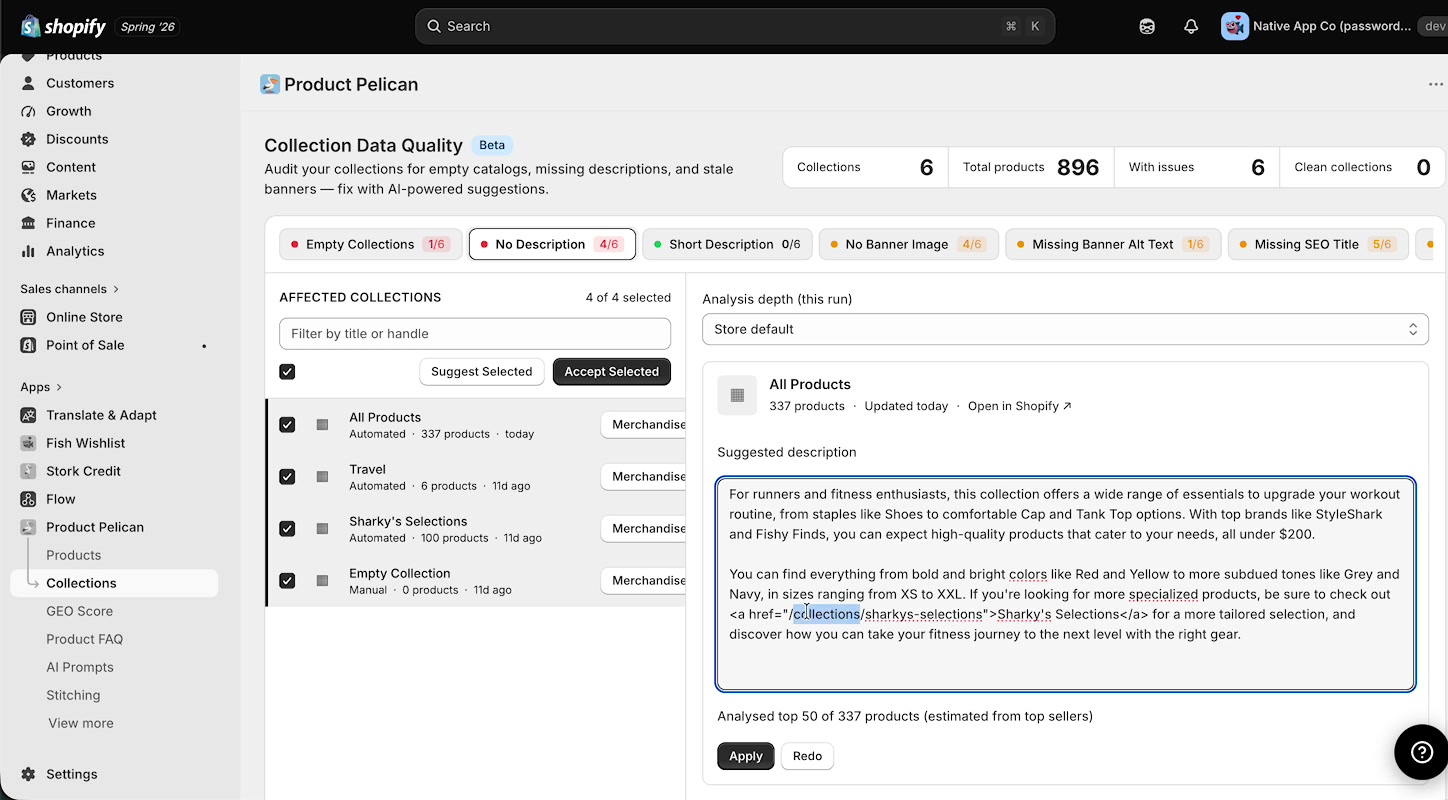 Generated collection description ready for review with apply and redo controls