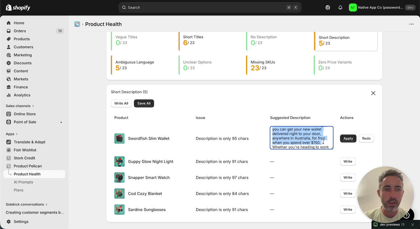 Short Description workflow showing generated description text ready to apply