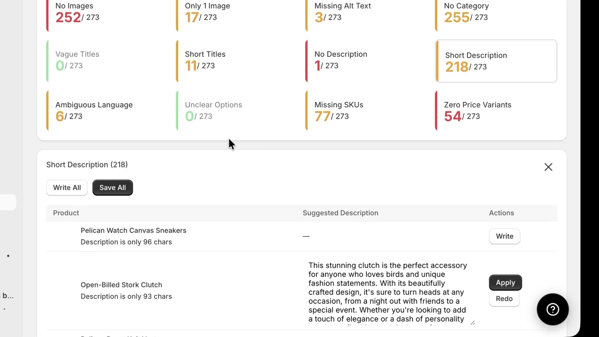 Short Description panel showing generated product descriptions with Write and Apply actions