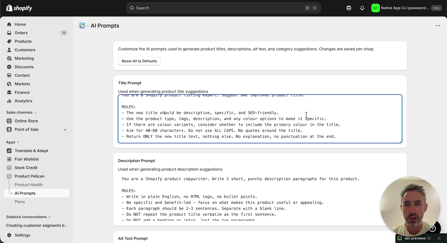 AI Prompts page showing editable title and description prompt instructions