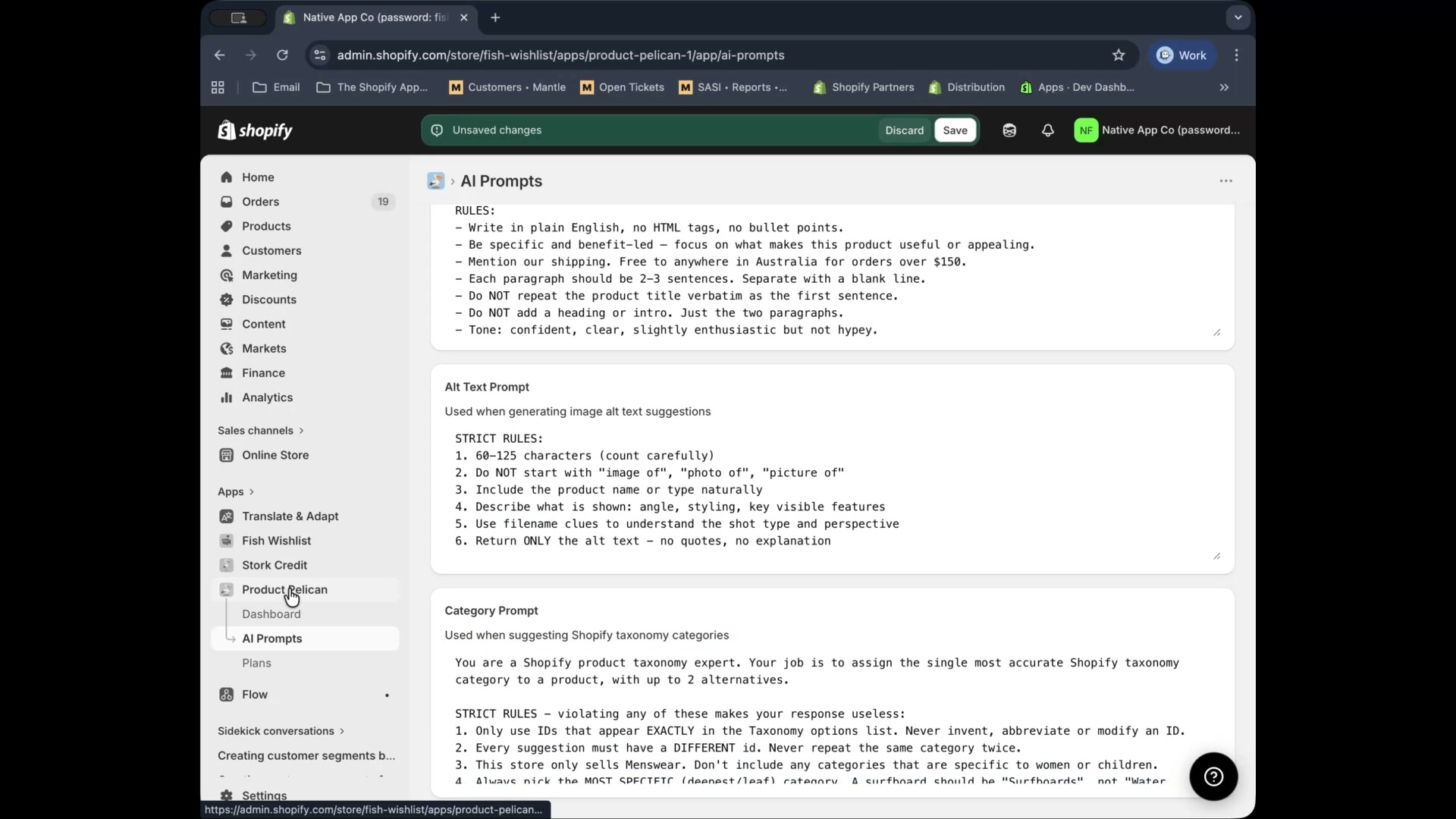 AI Prompts page showing multiple prompt sections and navigation back to Product Health