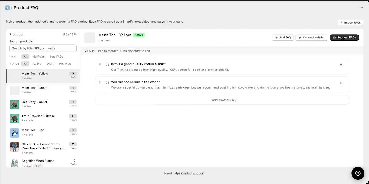 Product FAQ screen showing the product list, FAQ filters, and actions to add, connect, suggest, and import FAQs