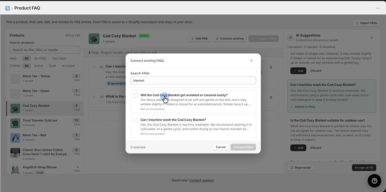Connect existing FAQs modal filtered by a keyword search