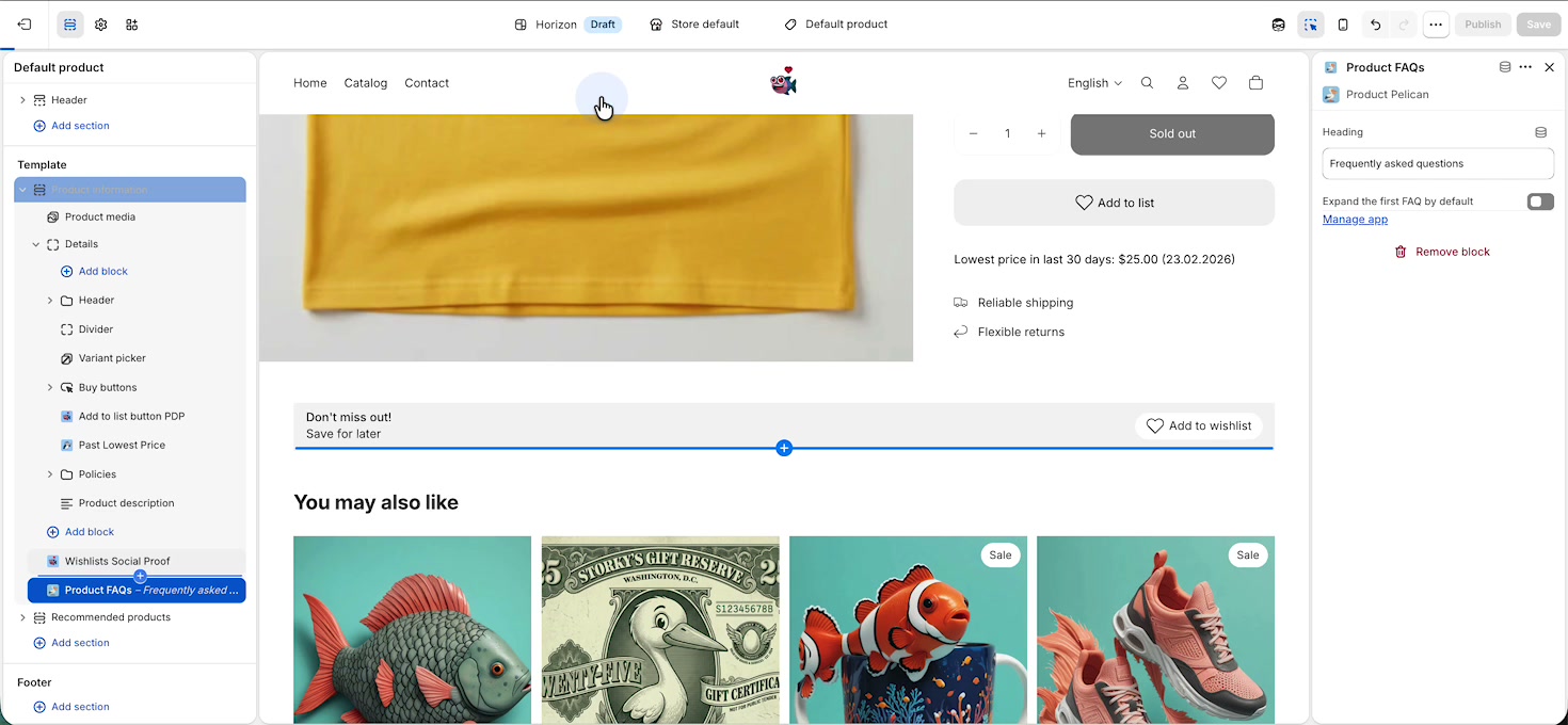 Shopify product page editor with the Product FAQs app block selected and the settings panel open