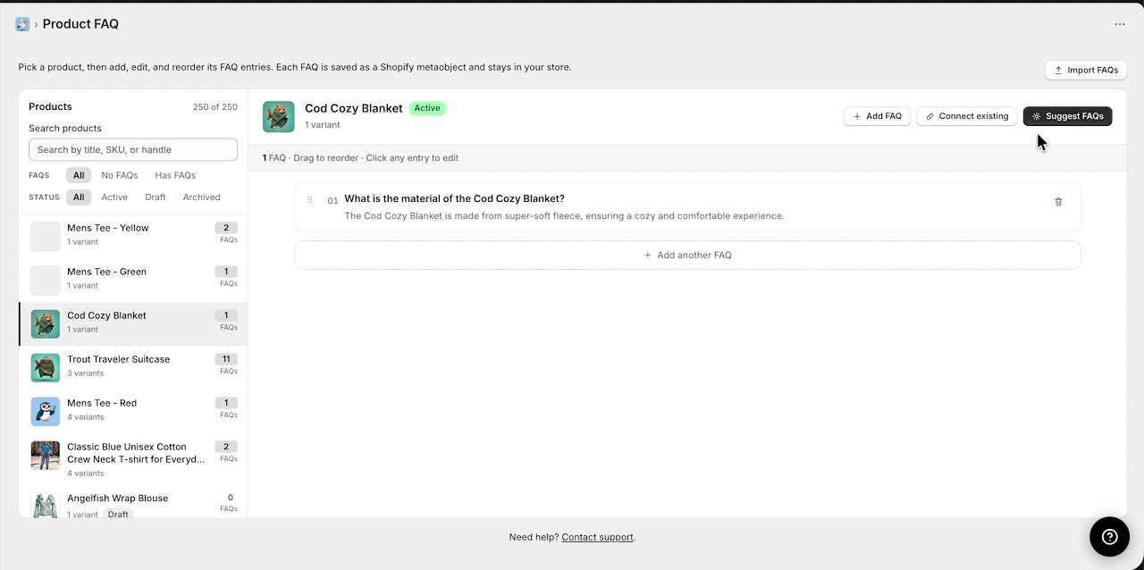 Selected product detail view before generating FAQ suggestions