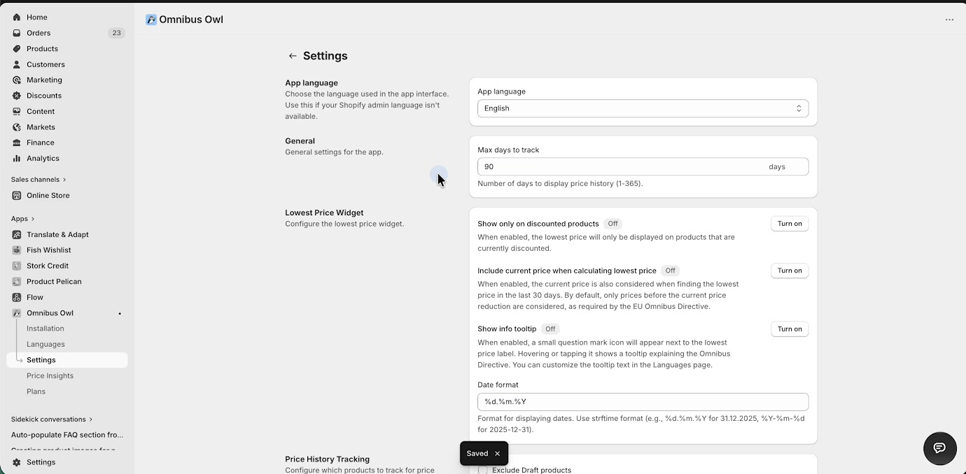 Omnibus Owl Settings page showing app language, tracking duration, and lowest price widget options