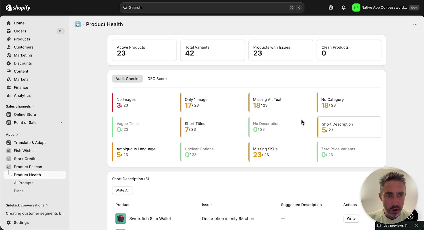 Short Description audit showing products that need longer descriptions
