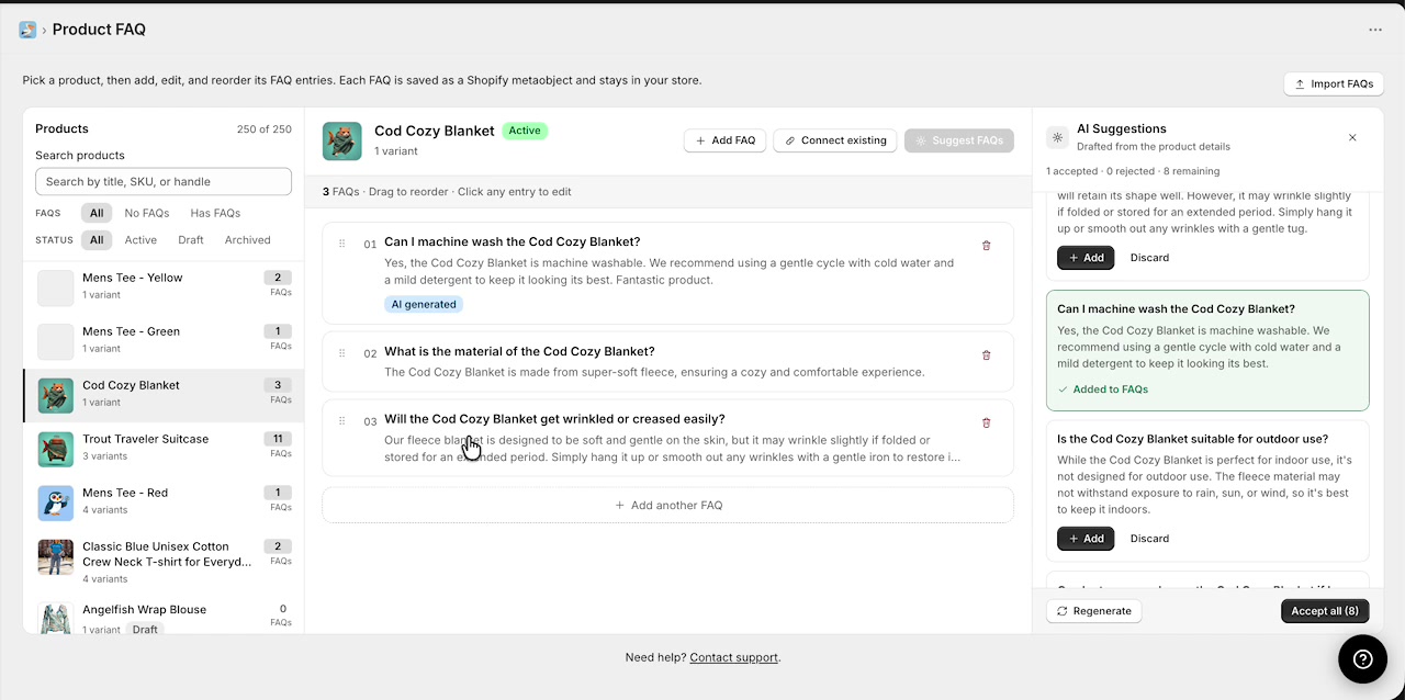 Product now showing three FAQs after connecting an existing FAQ