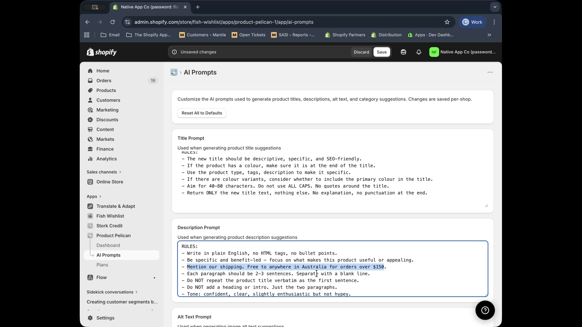 AI Prompts page showing unsaved changes with title and description prompt editors visible
