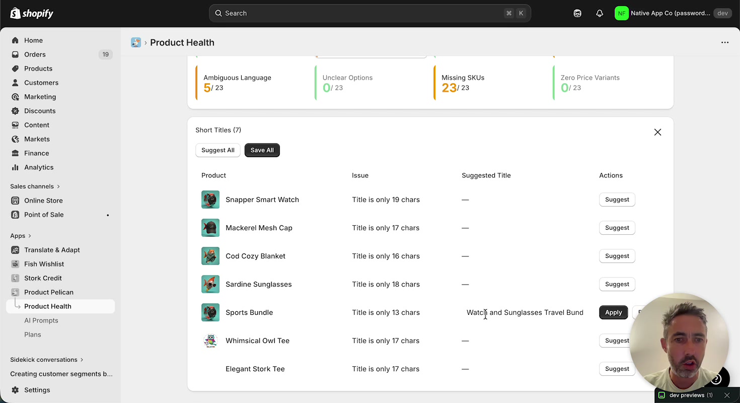 Short Titles audit showing suggested replacement titles and apply actions