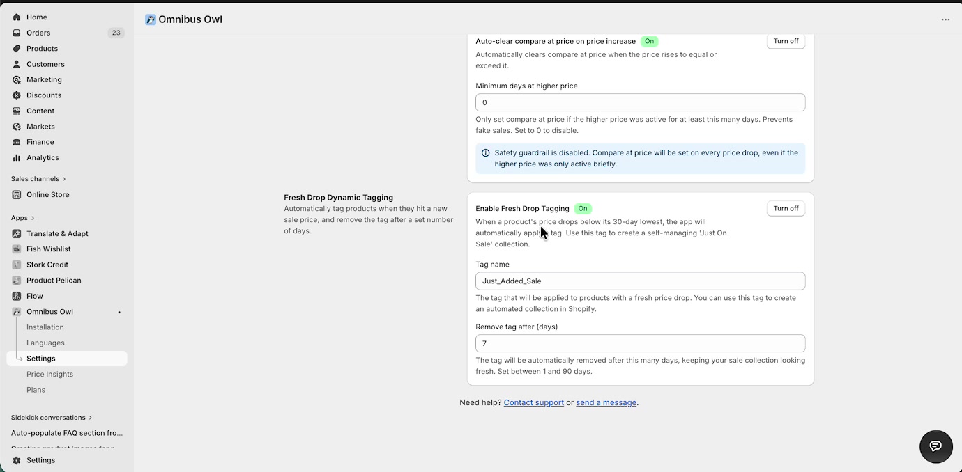 Fresh Drop Dynamic Tagging settings with custom tag name and automatic removal period values entered