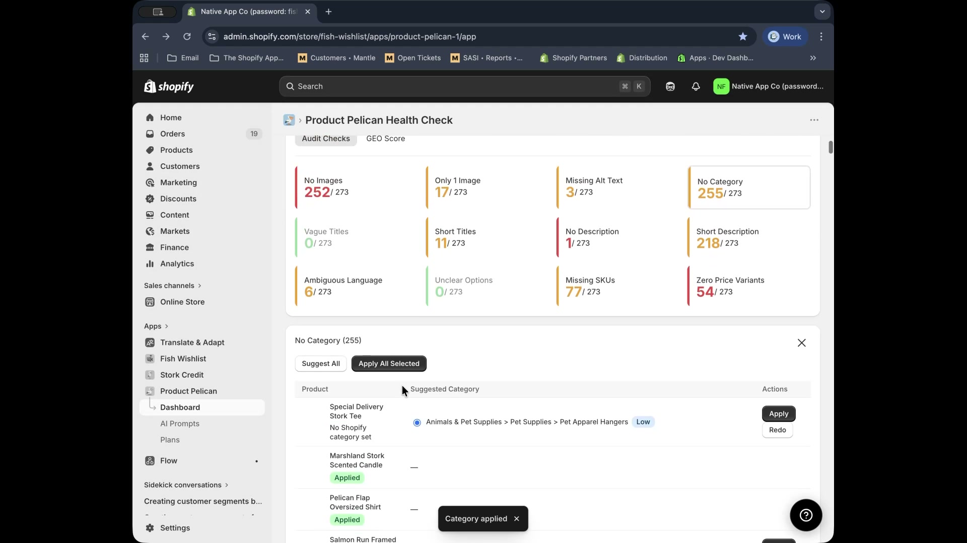 No Category panel showing suggested Shopify taxonomy and apply actions