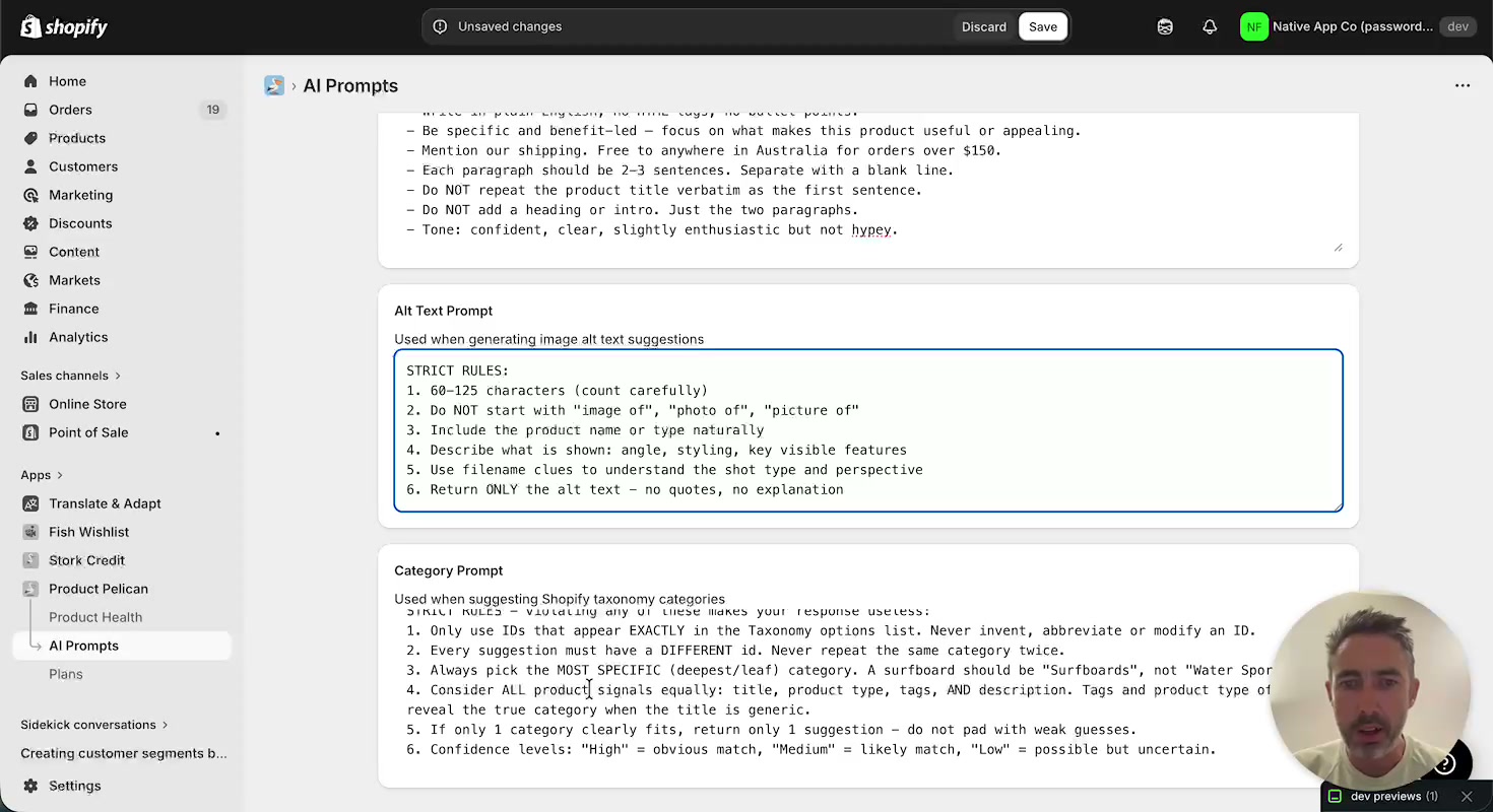 AI Prompts page showing editable alt text and category prompt fields