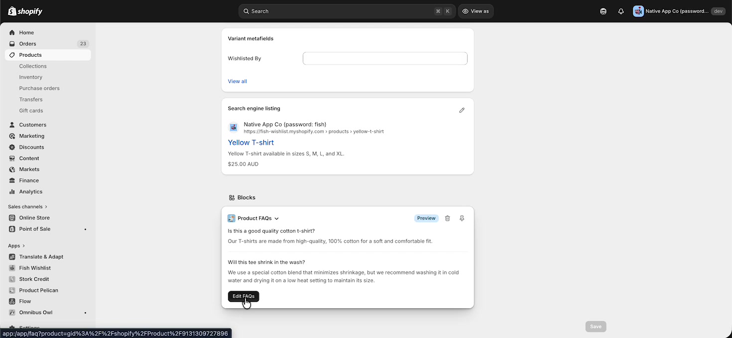 Expanded Product FAQs block with FAQ entries and the Edit FAQs link
