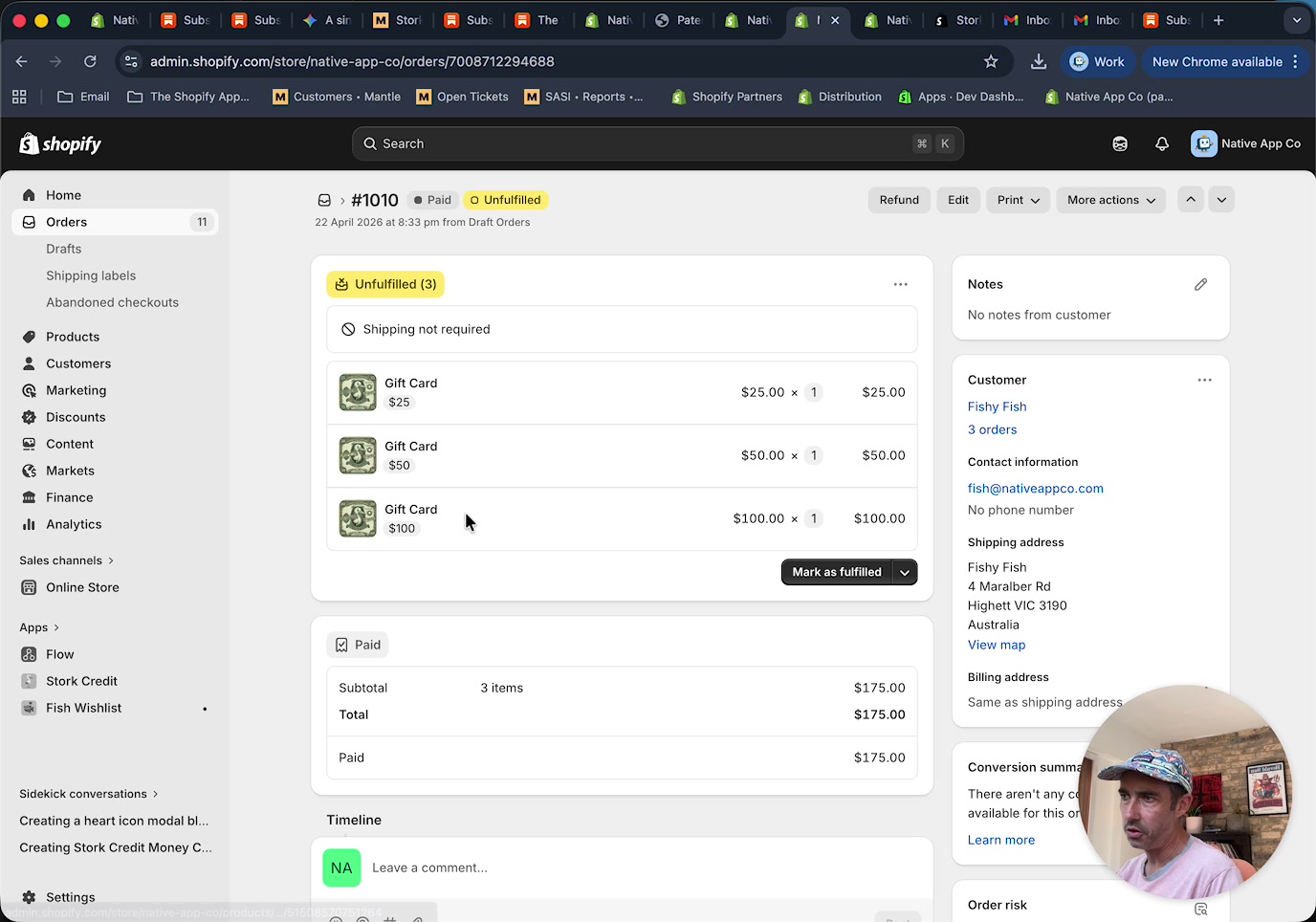 Shopify order details showing three gift card line items