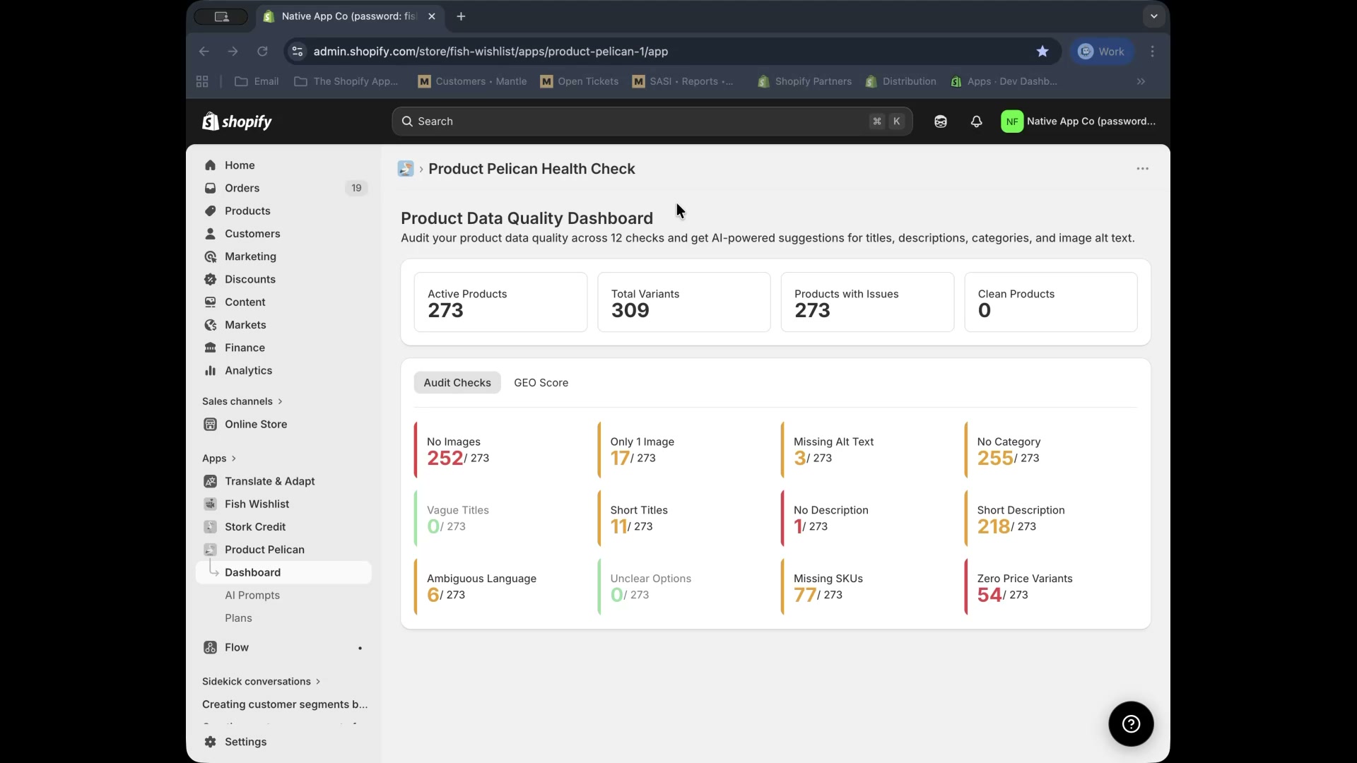 Product Data Quality Dashboard with summary cards and audit checks