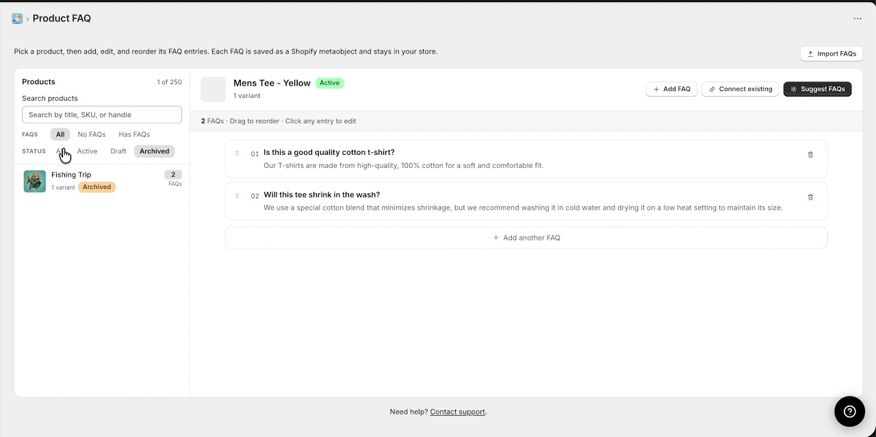 Archived status filter selected in the Product FAQ sidebar