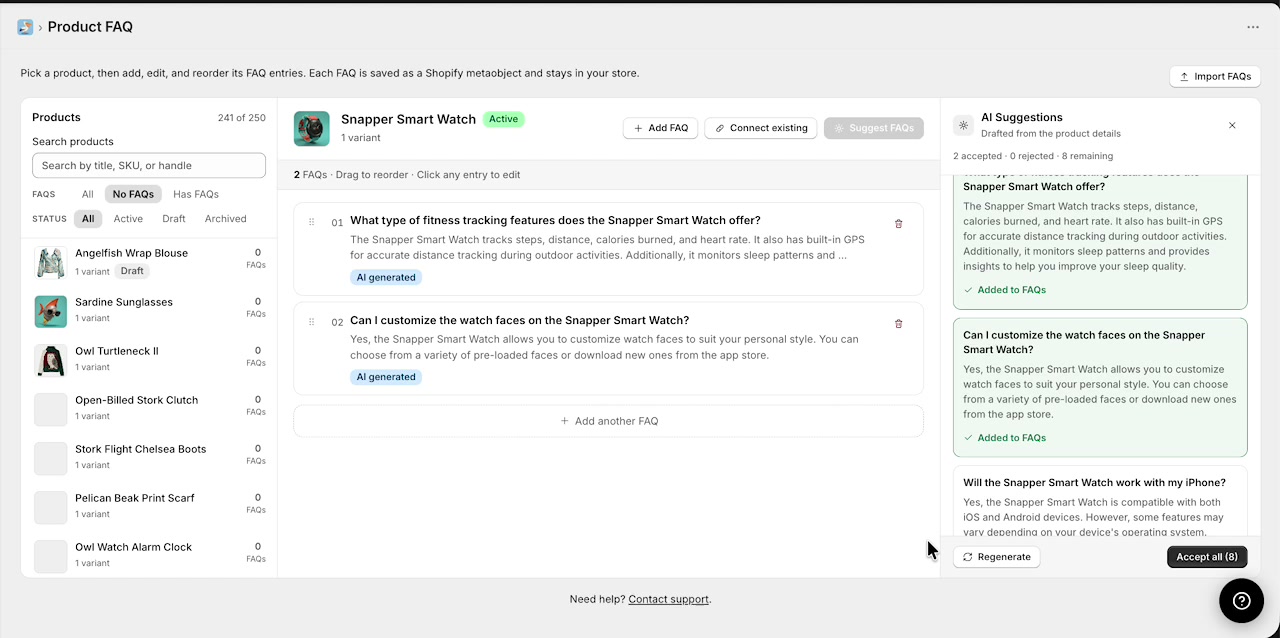 Another product selected with AI-generated FAQs already added and more suggestions remaining