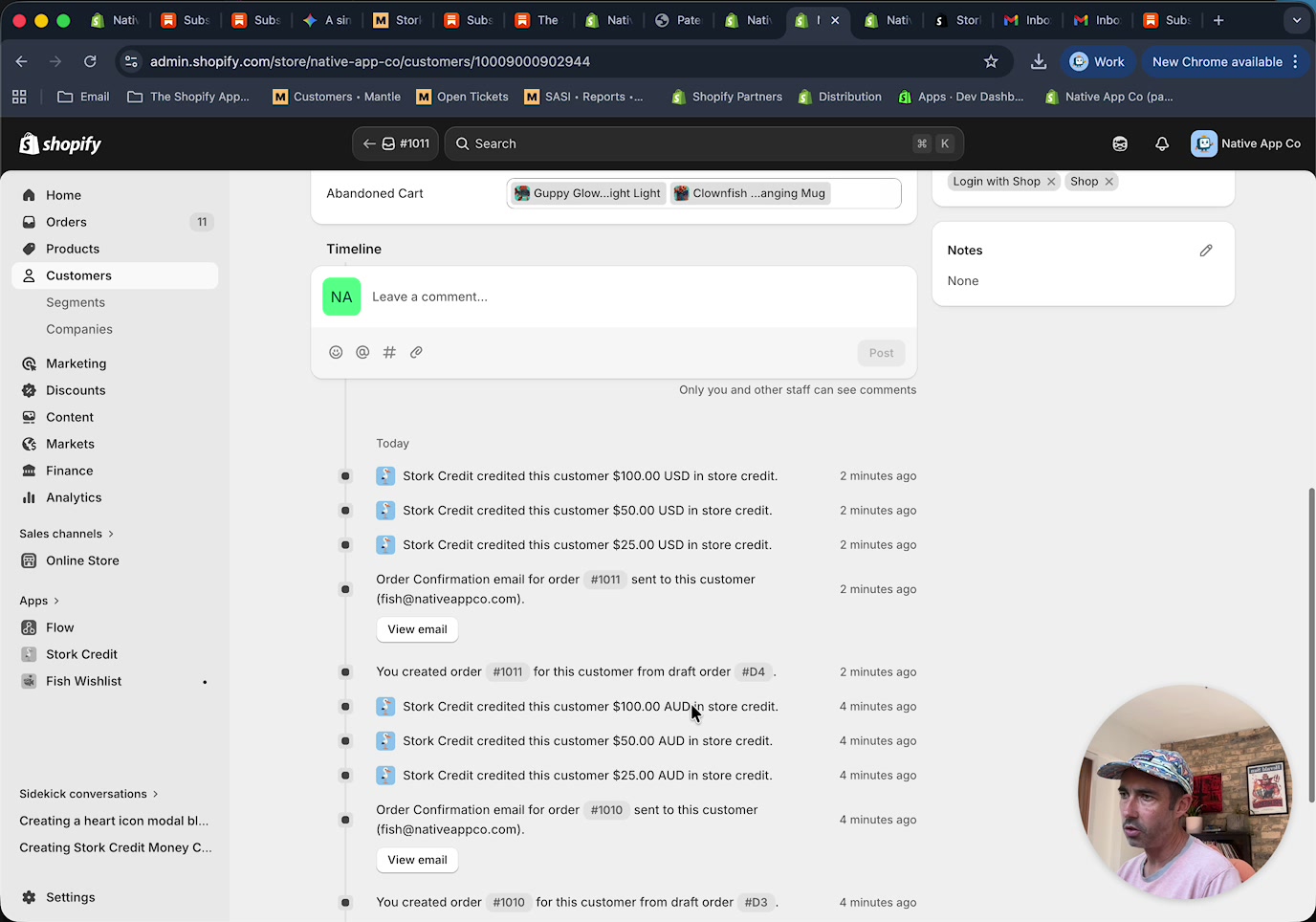 Customer timeline showing Stork Credit entries in USD and AUD