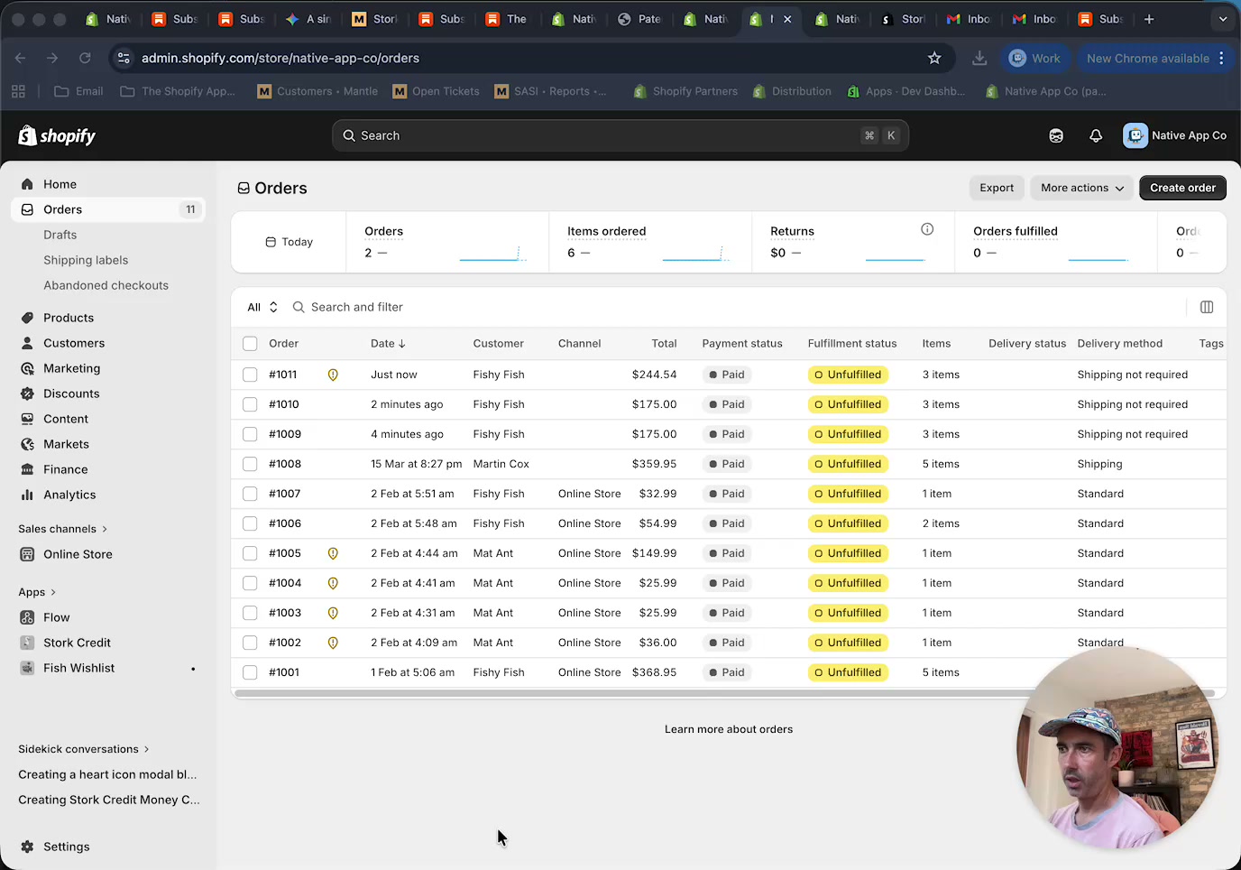 Shopify Orders list showing recent gift card orders