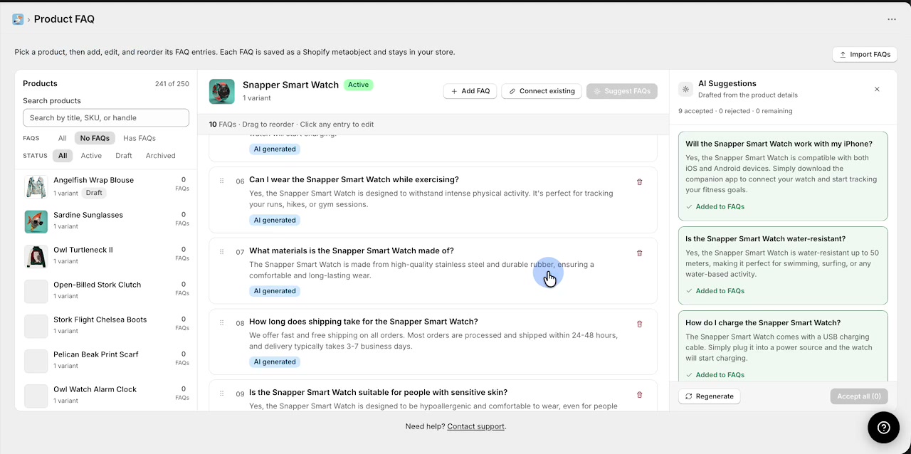 Selected product showing ten FAQs after bulk accepting AI suggestions