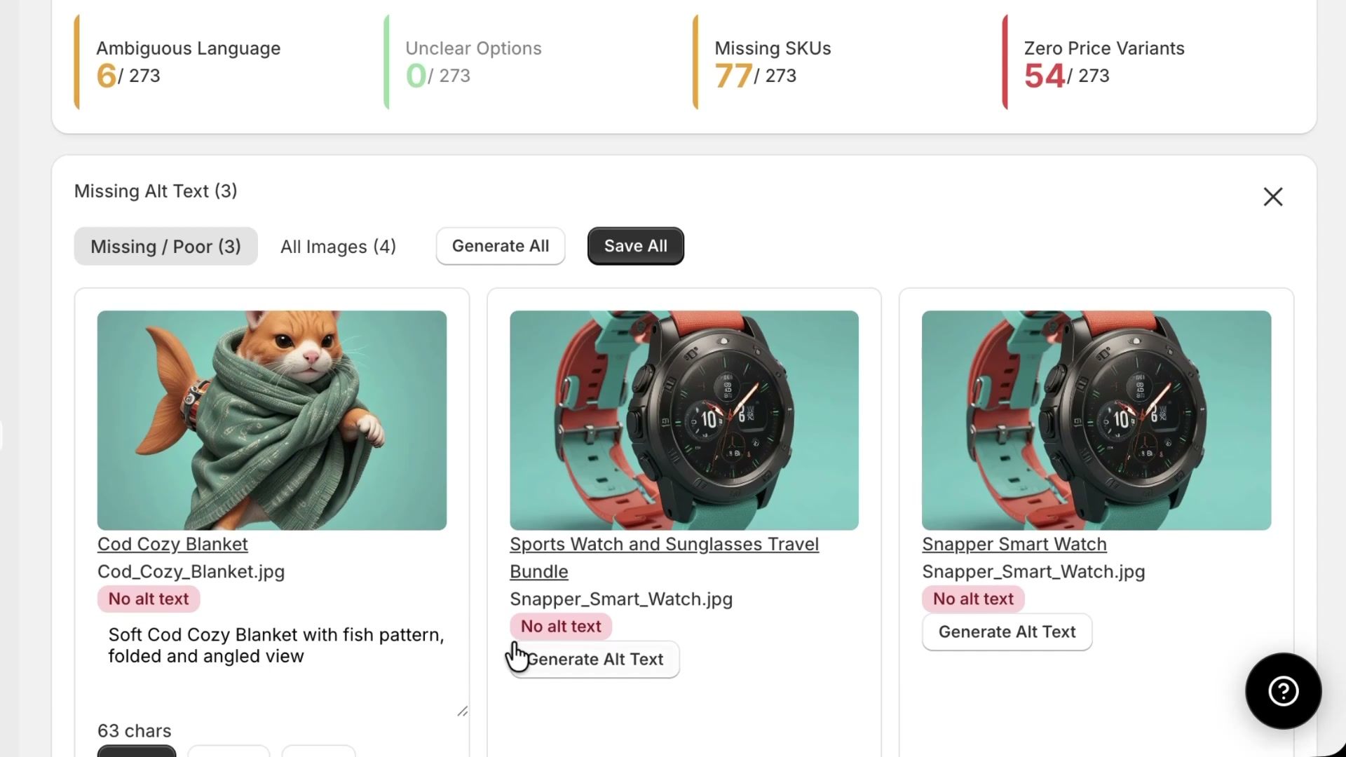 Missing Alt Text panel showing image cards and Generate Alt Text actions