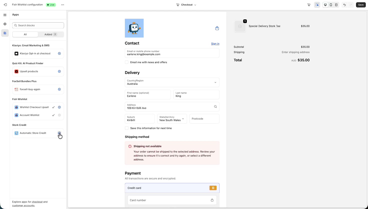 Shopify checkout editor sidebar showing the Stork Credit app block (Automatic Store Credit) ready to add