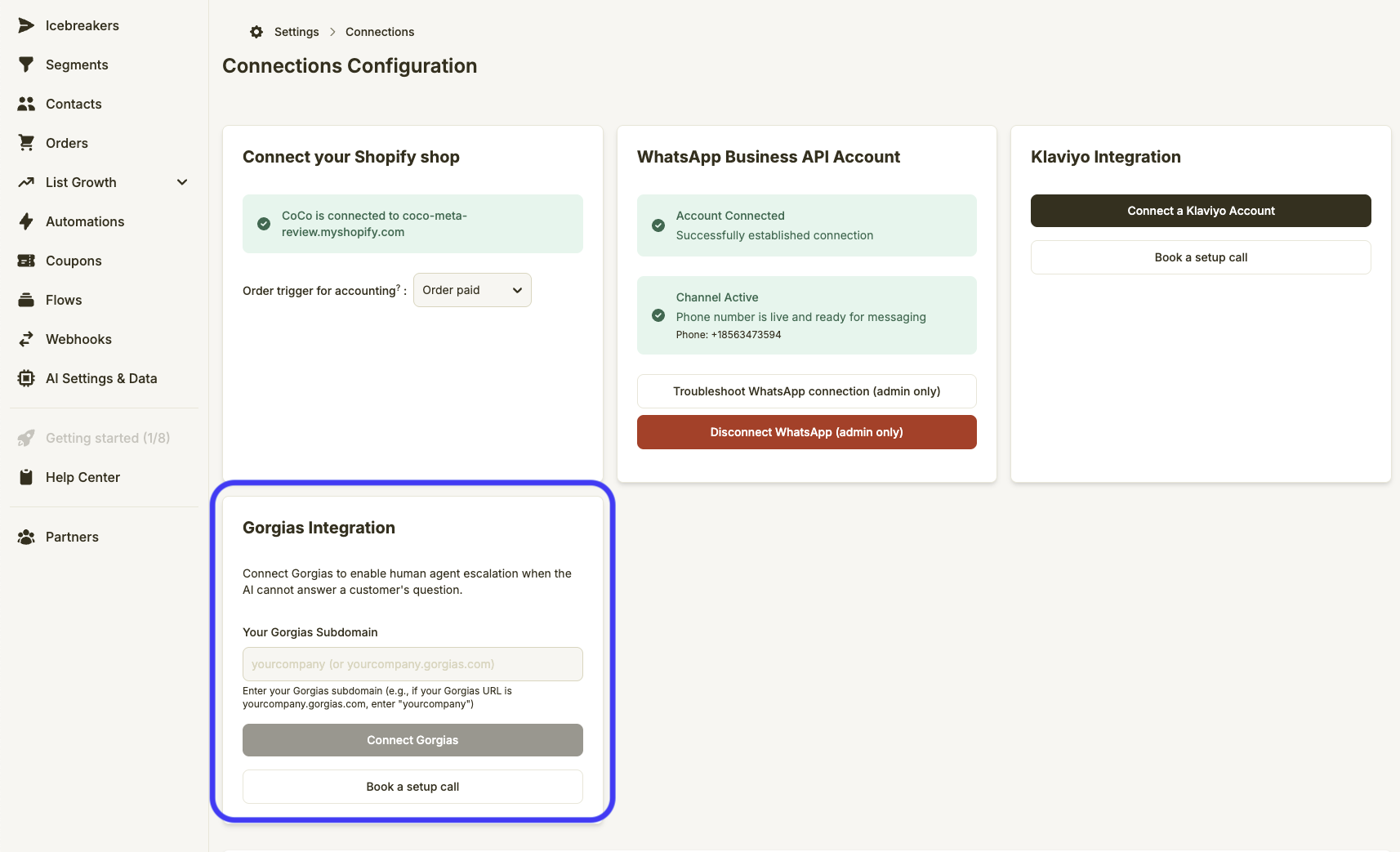 Gorgias Coco AI connections