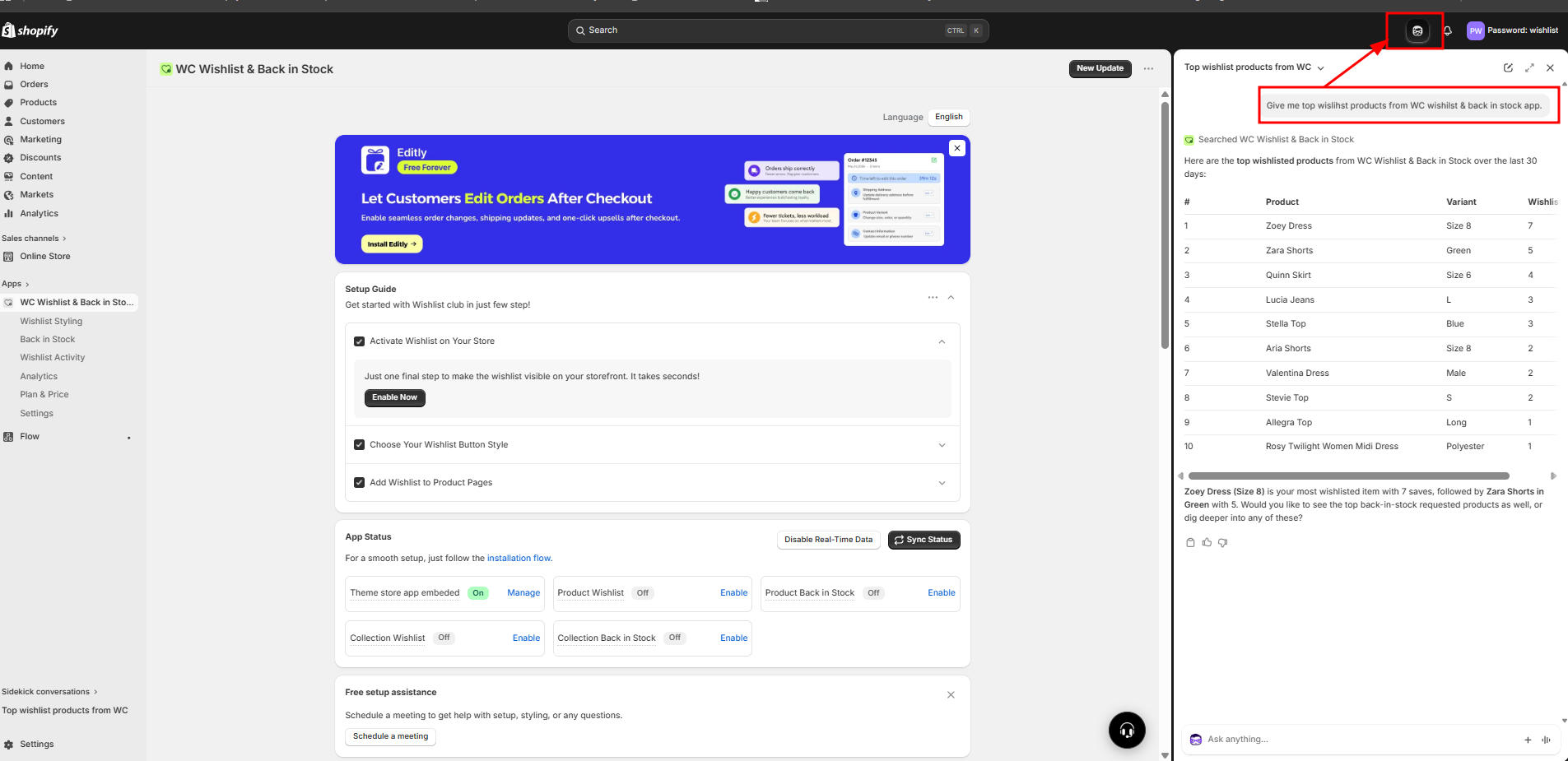 Shopify Admin with WC Wishlist & Back in Stock open and Sidekick showing top wishlisted products