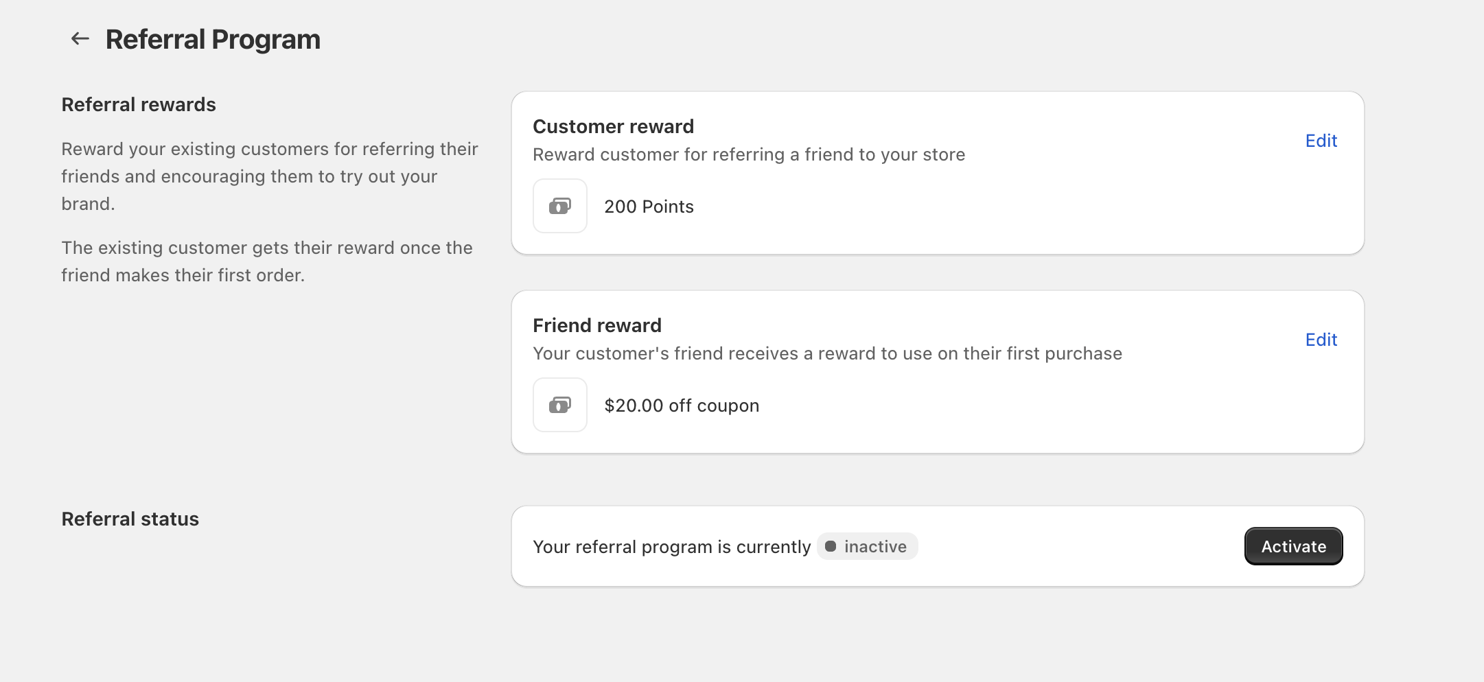 Referral Program page showing Customer reward, Friend reward, and Referral status