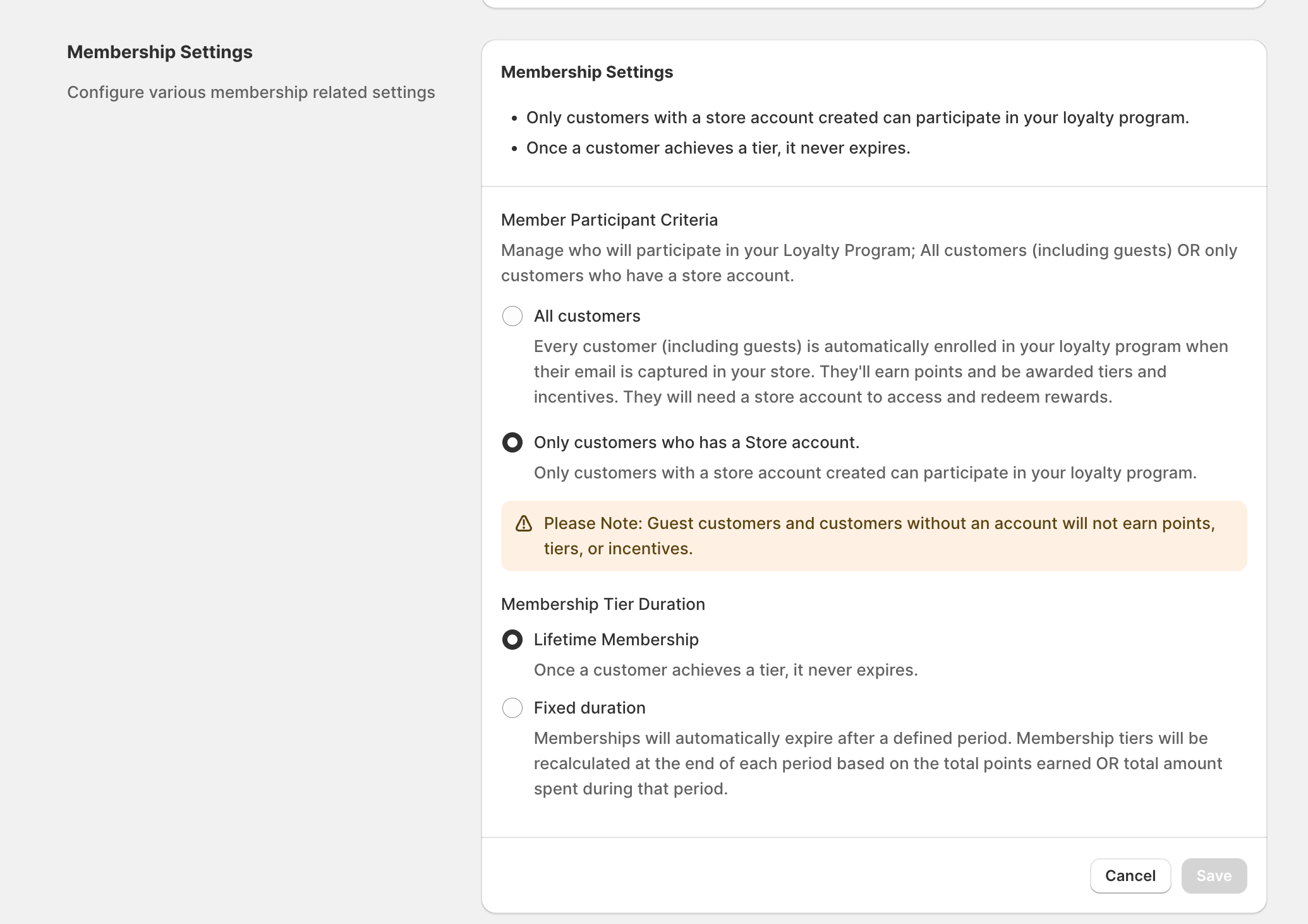 Membership Settings showing Member Participant Criteria options: All customers or Only customers who has a Store account